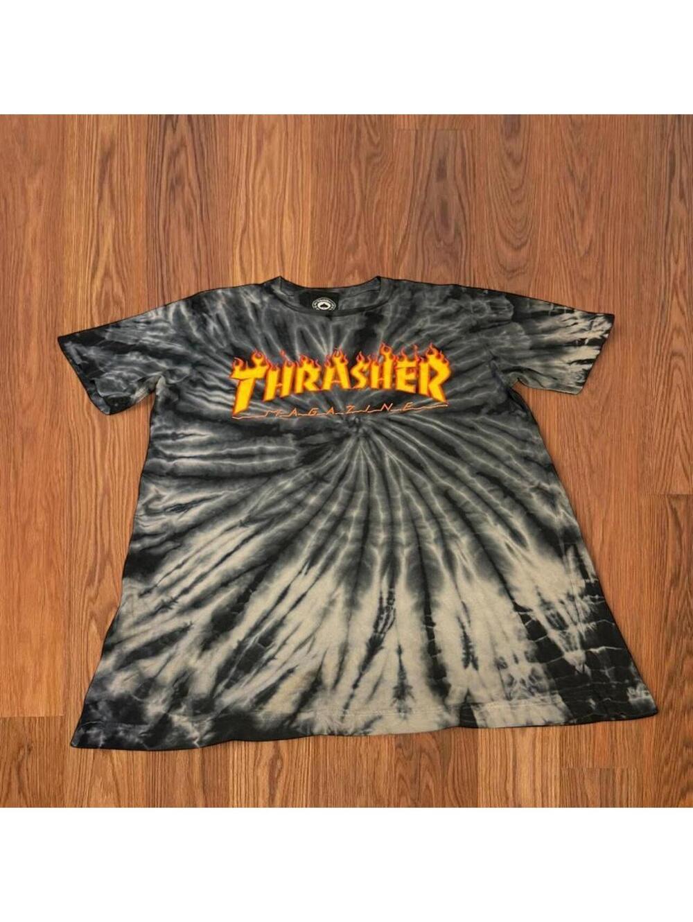 Thrasher Magazine Flame Logo Tie-Dye Graphic T-Shirt Black Gray Size S
